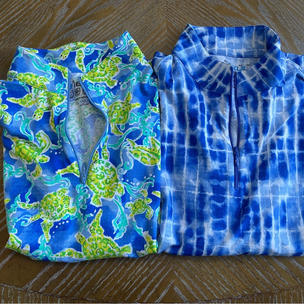 IBKUL Golf Tops Women’s Colorful Turtle (size M) and Blue Tie-Dye (size L) Tops